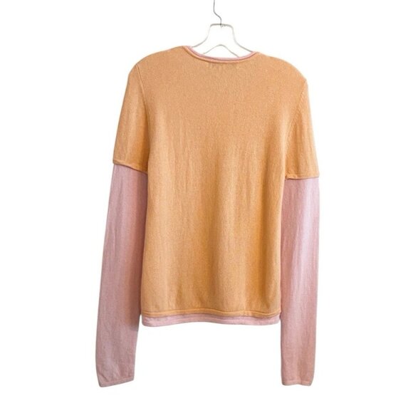 Esther Chen 100% Cashmere Sweater Large Peach Pink Colorblock Crew Neck CozyCore - Picture 3 of 8